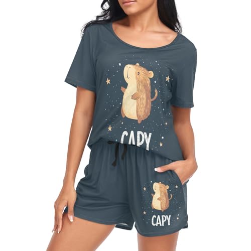 Pyjama capybara contre la chaleur nocturne, ensemble short bleu nuit taille S