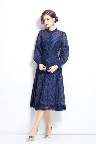 Image of LAI MENG FIVE CATS Women's Round Neck Lantern Sleeves Embroidery Button Layered Lace Hem Midi Dress with Belt