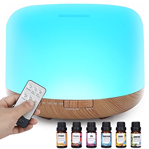 TENEVEAMO 500ml Diffusore di Oli Essenziali, Senza BPA Umidificatore ad Ultrasuoni con Telecomando e 6 * 10ml Olio Essenziale - Spegnimento Automatico Senza Acqua,Giallo