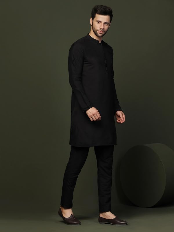 Kisah Men's Mid Kurta, Black Cotton Blend, Solid Regular Fit Mandarin Collar Long Sleeves (38)