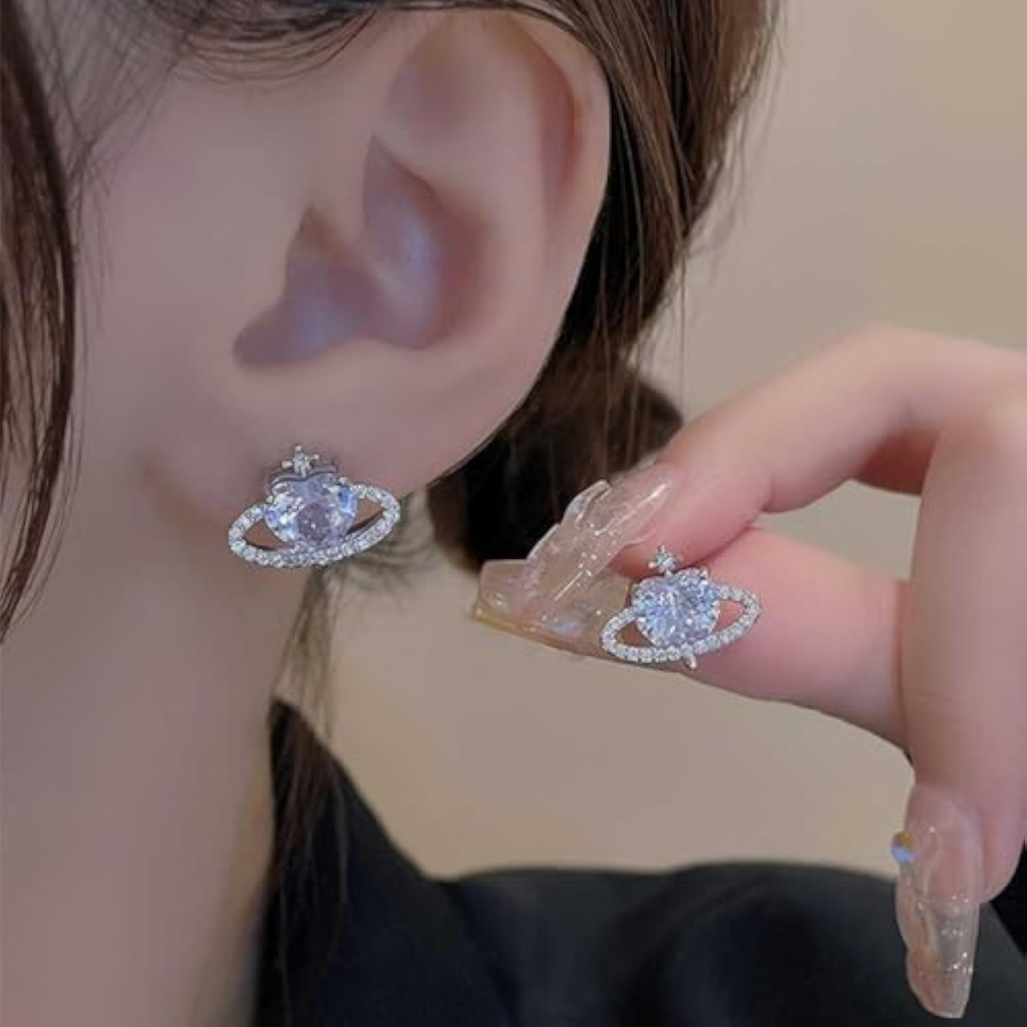 Love Planet CZ Stud Earrings, Silver Plated