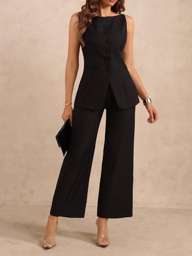 Women's 2 Piece Work Outfits Button Down Crew Neck Sleeveless Blazer Vet and Pants Set4