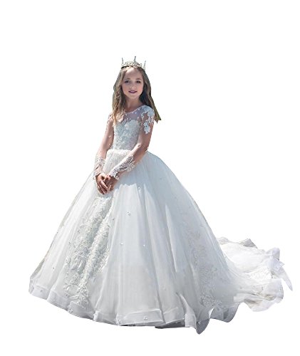 GZCYL Luxury Long Sleeves Lace Flower Girls Dresses 2024 Princess White Pageant Dress for Girls