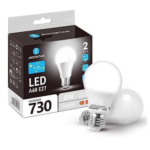 Aigostar Bombilla con Sensor Crepuscular, E27 LED 8W Bombillas con Sensor de Luz, Luz Fría 6500K 640 Lumen, Amanecer Hasta el Atardecer Encendido/Apagado Automático, 2 Unidades.