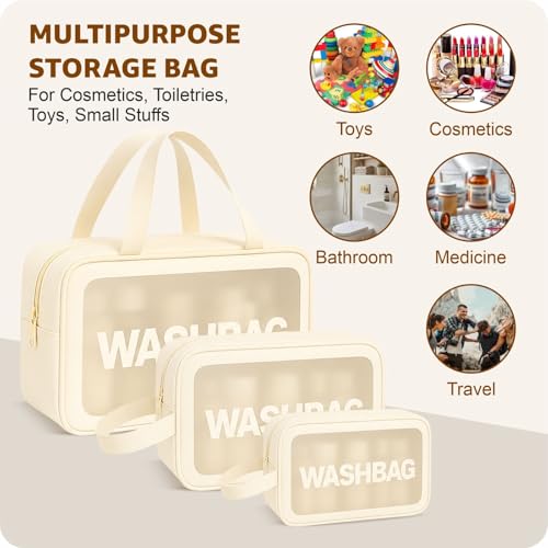 Image of FLYNGO Clear Makeup Pouch Set, Cosmetic Organizer Bag for Women and Girls Travel Waterproof Toiletry Storage Kit (Set of 3 Beige)