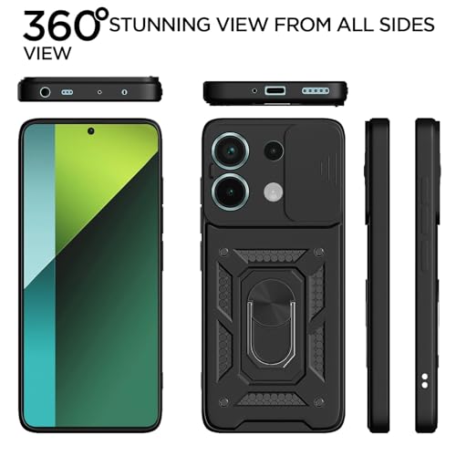 Image of Outlouders Back Cover for Redmi Note 13 Pro 5G / Poco X6 5G | D10 Tough Armor 360 Protection Case with Sliding Camera Shield & Ring Holder Stand Bumper Case (Black)