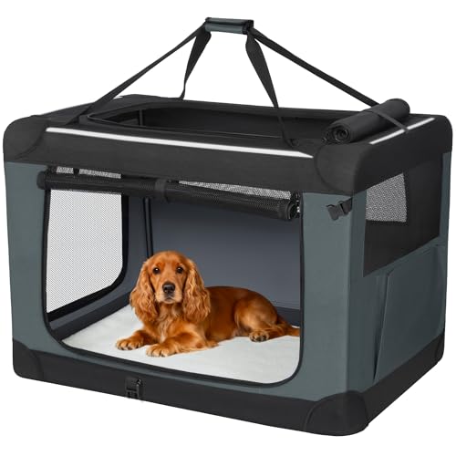 Fobyfurny Hundebox Faltbar, Hundetransportbox Tragbare mit 3-Türen, 76,2 x 53,4 x 53,4 cm, Transportbox Hund Atmungsaktiv, Reflektierenden Verzierungen und Taschen, Oxford-Gewebe, Grau, FPDT002OG1