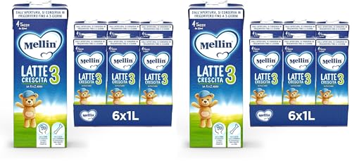 Mellin 3 - Latte di Crescita Liquido per Bambini dal 1° anno compiuto al 2° anno, Pronto all'uso - Formato Convenienza da 6 litri (6x1L) (Confezione da 2)