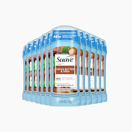 Suave Antiperspirant Deodorant For Women, Invisible Underarm Deodorant, 48hr Odor & Wetness Protection, Cocoa Butter & Shea, Sensitive Skin Deodorant Solid Stick, 2.6 oz (12 Bulk Pack)