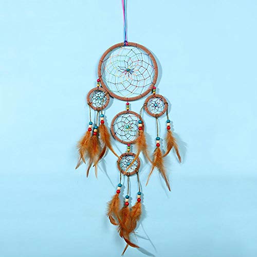 Five Rings Pretty Dream Catcher Brown Multicoloured Dream Catcher Handmade Mini Dream Catcher for Boys Bedroom, Feather Dream Catcher Home Decoration Festival Gift, 5.46x20.28in