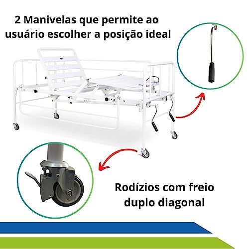 Cama Hospitalar Articulada Idoso Dobrável com 2 Manivelas, Grade de Proteção Móvel - Até 150kg - Cód
