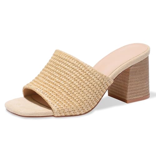Image of Ancomafio Heeled Sandals for Women，Raffia Sandals 2026 Chunky Heels Square Toe Mules Block Summer Shoes Slip On