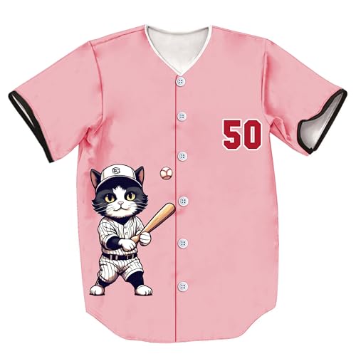 ZIBRAL Unisex Retro Cute Baseball-Cat 50 Baseball Jersey Short Sleeve Baseball Cardigan ZJ006-Pink-L