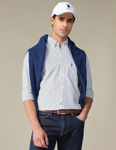 Image of U.S. Polo ASSN. Striped Regular Fit Shirt for Men - 100% Cotton, Breathable & Comfortable, Full Sleeves Casual Shirt for Men