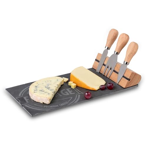 MiCasa SuCasa Käsebrett aus Holz & Schieferstein + Käsemesser Set – Elegantes Schneidebrett & Servierbrett für Käse, Antipasti & Tapas –...