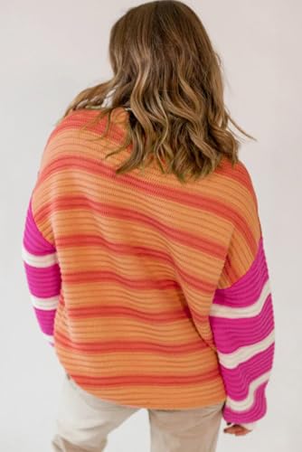 Women's Vibrant Orange Stripe Colorblock Crew Neck Drop Shoulder Loose Sweater2