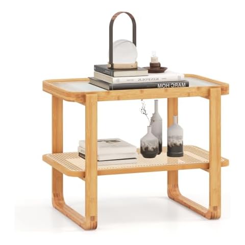 CASART Bamboo Rattan End Table with Glass Top Cover