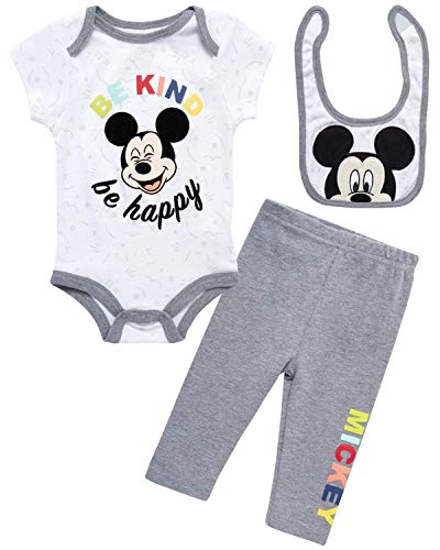 Disney Baby Boys' 3 Piece Bodysuit Layette Set: Mickey, Pooh, Lion King, Toy Story (Newborn), Size 3-6 Months, White/Grey Be Kind Happy