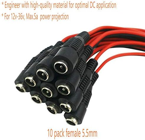 DC Power Pigtail Cable, 10 Pair CCTV Security Camera DC Power Pigtail Male & Female Cable with 2.1mm x 5.5mm Connectors (10 Pair, Male & Female)