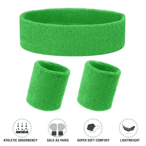 Image of Yolev 3Pieces Sweatband Set, Sports Headband and Wristbands, Set of 1 Headband and 2 Wristbands, for Athletic Men and Women, Black and Neon Green, One Size(Light Green)