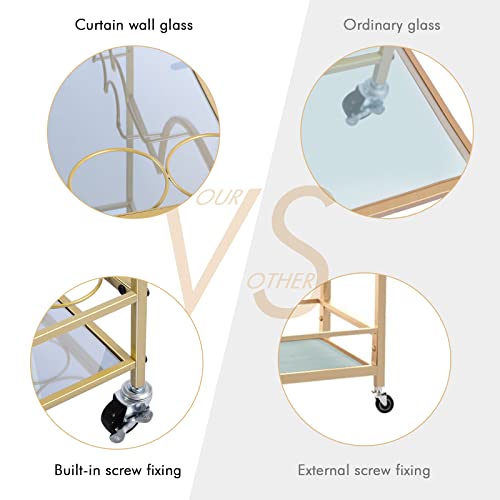 Xcsource Bar Carts,With 2 Curtain Wall Glass And 2 Storage Shelves,Metal Wine Cart With Glass And Bottle Holders, Serving Cart Equipped With Universal Wheel, For Kitchen, Living Room, Club, Gold #TOP2