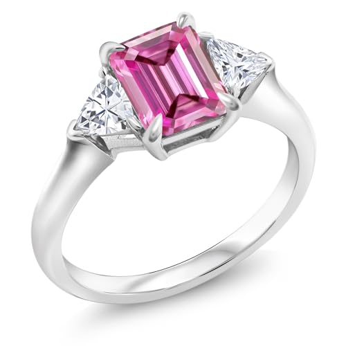 Gem Stone King 2.07 Cttw Pink and White Moissanite 3-Stone Ring | 925 Sterling Silver | 3 Stone Wedding Engagement Anniversary Promise Ring For Women | Emerald Cut 8X6MM | Trillion 3.5MM3