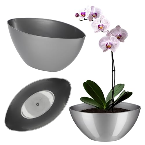KADAX Blumentopf, ovaler Übertopf, Pflanztopf aus Kunststoff, Blumenübertopf, Deko, Pflanzkübel für Innen, Blumen, Pflanzen, Balkon, Blumenkübel, Pflanzgefäß, moderne Form (30 x 14 cm, Silber)