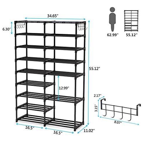 Tribesigns Shoe Rack Organizer,32-40 Pairs Shoe Storage Shelf,9 Tiers Shoe Stand,Shoe Rack For Closet,Boot Organizer With 2 Hooks,Stackable Shoe Tower #TOP4