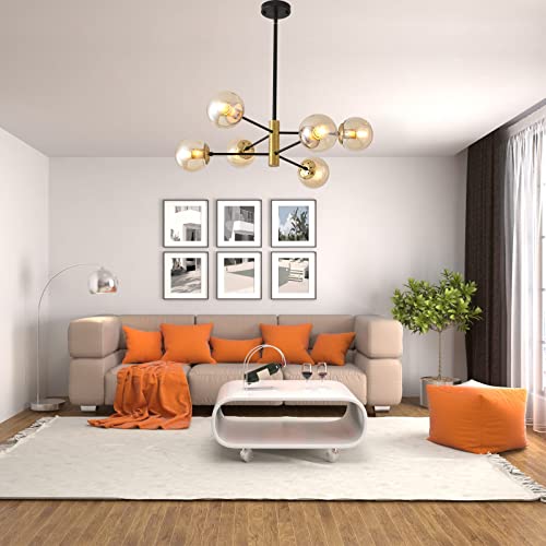 6-Lights Amber Glass Globe Chandelier, Recessed Sputnik Chandelier, Modern Light Fixtures Ceiling, Black And Gold Industrial Ceiling Pendant Lighting For Bedroom, Living Room, Office, Foyer, Farmhouse #TOP2