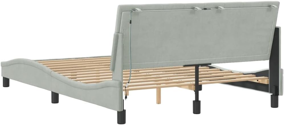 Bed Frame with LED Light Gray Velvet Upholstery 53.9"x74.8" Platform Foundation with Slatted Plywood, Sturdy Headboard, Easy Assembly for Modern Bedroom Furniture