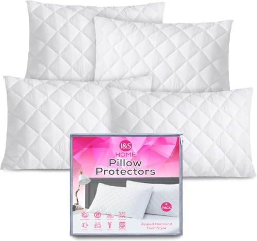 I&S HOME Pillow Protectors 4 Pack - 50x75cm Quilted Zipped Pillow Protectors, Hypoallergenic Breathable Soft Pillow Covers - Zippered Pillow Cases White