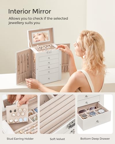SONGMICS Jewellery Box 6 Tiers, Jewellery Case with 5 Drawers, Large Storage Capacity, with Mirror, Lockable, Jewellery Storage Organiser, Gift for Loved Ones, for Watches, Cloud White JBC152W01