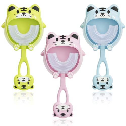 NHQZ Cepillo de dientes para niños en forma de U de 3 piezas, dientes hermosos, limpieza ergonómica de 360 ​​grados, sonrisa saludable