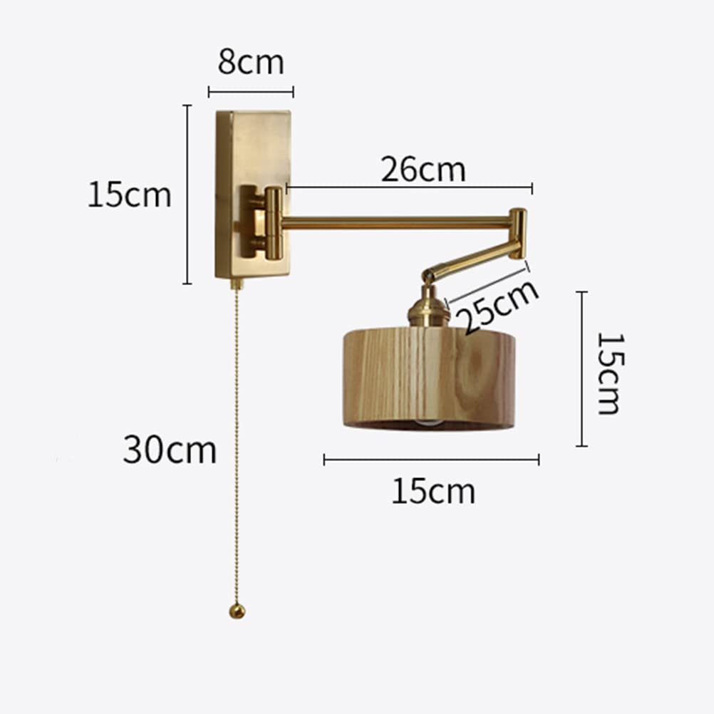 OJT Applique moderne en laiton avec interrupteur, appliques murales lampe de chevet lampe de lecture à bras long réglable, abat-jour en bois, appliques murales d'intérieur E27 pour salon hall chambre