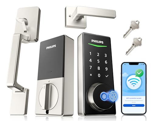 Image of Philips WiFi Smart Lock with Front Door Handle Set, Built-in WiFi, APP Remote & Voice Control, Fingerprint Keyless Entry Door Lock, Keypad Deadbolt Smart Locks for Front Door, Auto-Lock, Satin Nickel