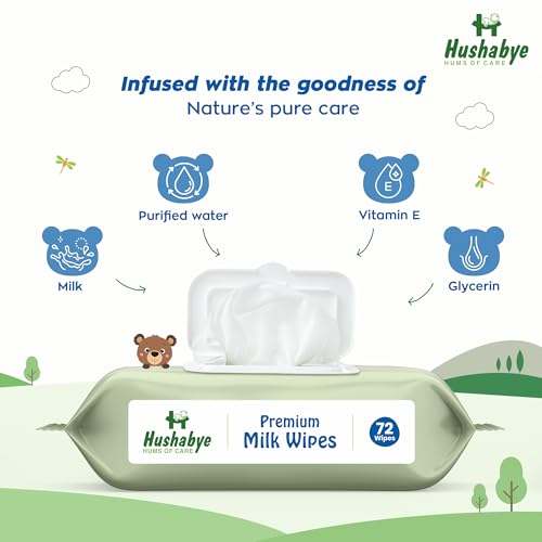 Image of Hushabye Premium Milk Baby Wipes with lid- 0+ Months, pH balanced, Paraben & Alcohol Free, Moisturising & Thick Wipes with purified Water, Gentle & soothing, 720pcs, Pack of 10