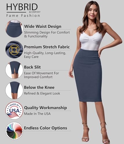 Image of Hybrid & Company Women's Premium Nylon Ponte Stretch High Waist Pencil Suit Skirt Below Knee