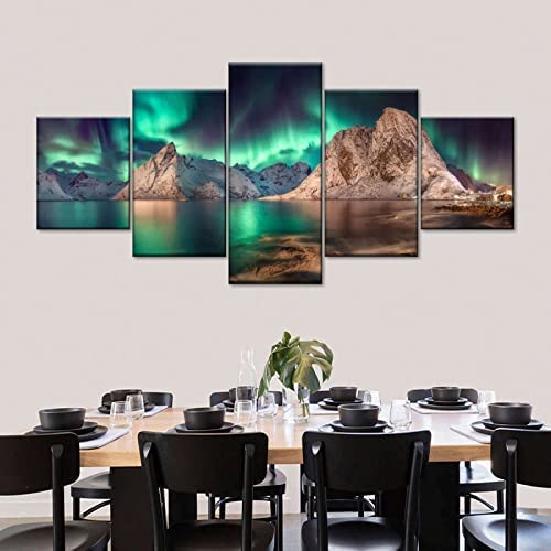 Tableau 5 pieces paysage naturel des aurores boréales décoration salon moderne avec cadre 150x100cm