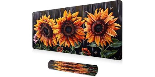 Tapis de souris XXL motif tournesol et abeille, idée cadeau bureau et gamer