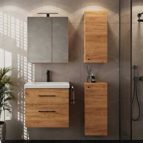Planetmöbel Badmöbel Set Waschtisch mit Unterschrank 63 x 60 x 36,5 cm, Spiegelschrank 60 cm mit LED-Leuchte (schwarz matt) & Steckdose, inkl. 2X Midischrank, Moderne Badezimmer Möbel, Gold Eiche