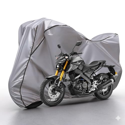 Image of Waterproof Bike Body Cover Compatible with Yamaha Mt-15 Dustproof Scratchproof - Motorcycle Cover for Two Wheeler, Outdoor Full Cover with UV, Duty, Rain Protection (Silver & Black) R1