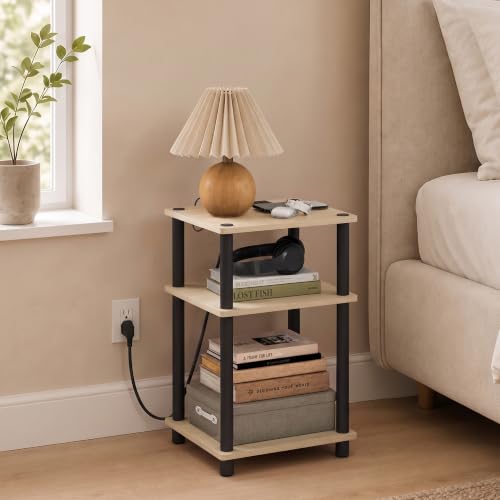 Image of Furinno Just 3-Tier Night Stand with Charging Station, Natural Oak | USB and Type-C Charging Port, Open Shelf Bedside Table, Side Table, End Table, for Living Room, Bedroom