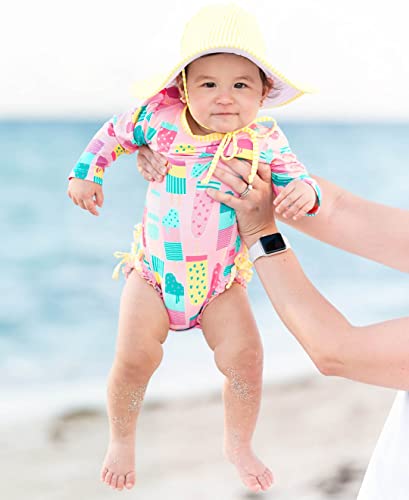 Image of RuffleButts Baby Girls UPF 50+ Sun Protection Floral Printed Long Sleeve One Piece Rash Guard Swimsuit with Zipper