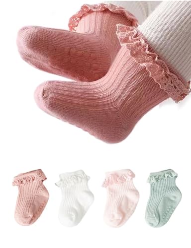 Image of Newborn Baby Girls Socks Lace Socks for Infant Ruffle Eyelet Princess Socks Cotton,4Pack