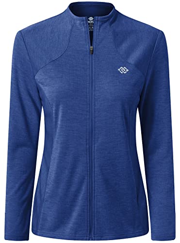 MoFiz Chaqueta Deportiva Mujer Sudadera Ligera de Manga Larga Transpirable con Cremallera Completa Cuello Redondo sin Capucha Camiseta de Running Fitness Yoga Azul L