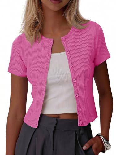 Image of Imily Bela Womens Short Sleeve Y2K Summer Tops Button Down Tshirt Ribbed Knit Slim Fit Sweater Cropped Cardigan