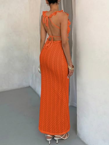 Image of SOLY HUX Women's Maxi Dress Crochet Ruffle Sleeveless Backless Bodycon Long Dresses