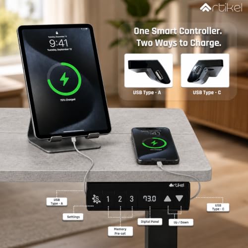 Image of ARTIKEL Artidesk Eco-Neo Height Adjustable Table for Office Work 120x60cm | Electric Standing Desk | Ergonomic Sit Stand Workstation | USB-A & Type-C Charging | 3 Memory Presets | 80kg Load Capacity