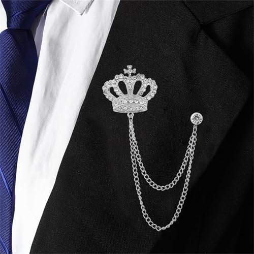 Image of coadipress Crown With Hanging Chain Brooch for Women Men Elegant Gentlemen Gold Silver Crystal Crown Lapel Pin Vintage Rhinestone Wedding Brooch Suit Shirt Pin Accessories