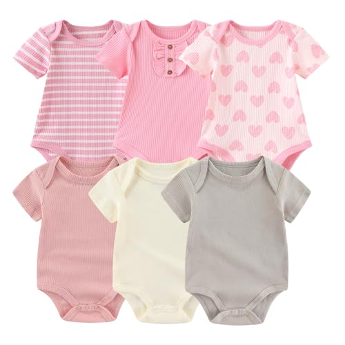 Image of MAMIMAKA Newborn Baby Boy Girl Short Sleeve Bodysuits Cotton One-Piece Baby Clothes 6-Pack